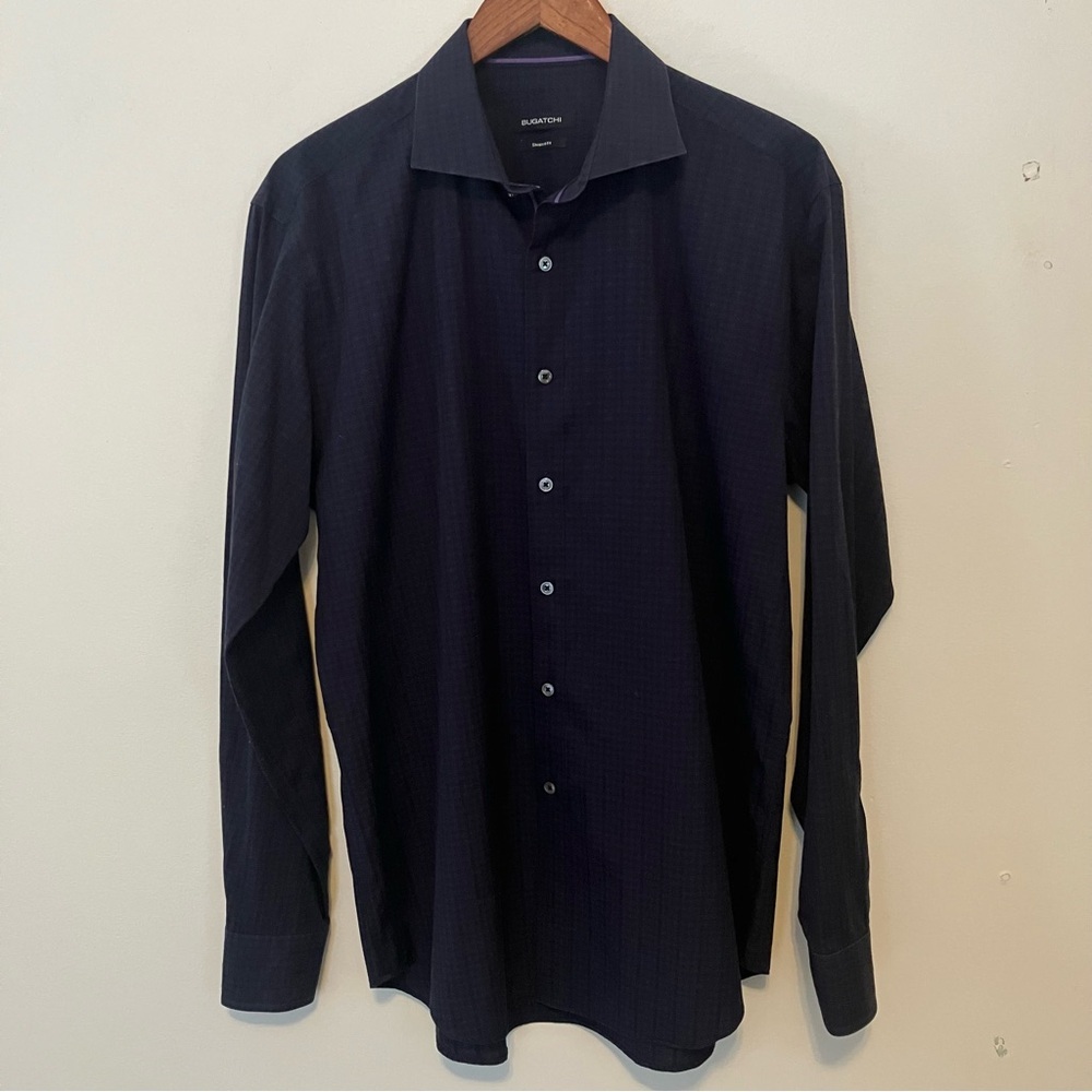 Bugatchi Shirt Mens Large Blue Black Plaid Button Down Shaped Fit Cotton